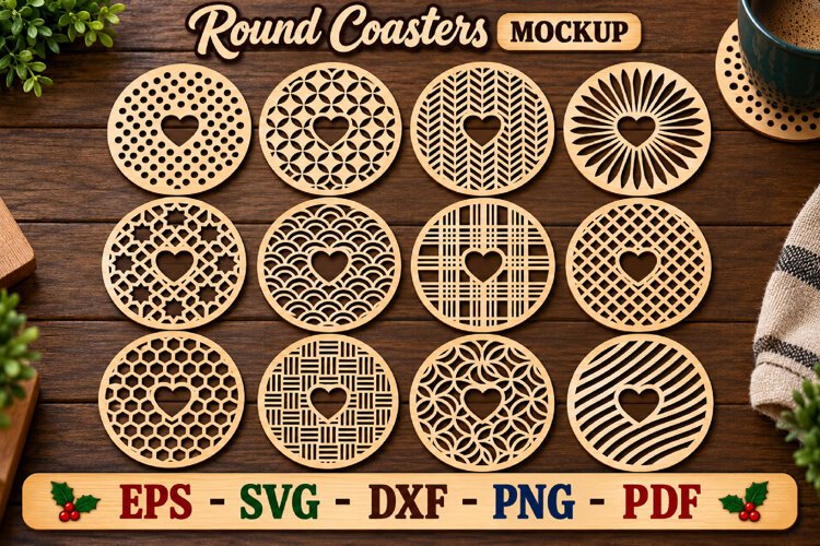 Round Coasters SVG, Geometric Laser Cut Heart svg example image 1