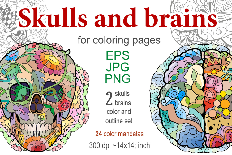 Decorative skulls and brains for coloring pages