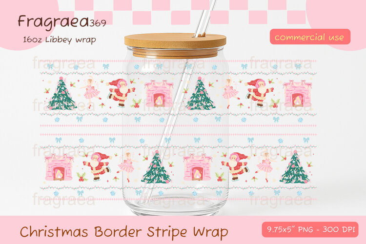 Christmas Border Stripe Pattern glass can wrap, Holiday Cup example image 1