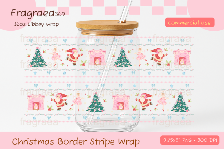Christmas Border Stripe Pattern glass can wrap, Holiday Cup