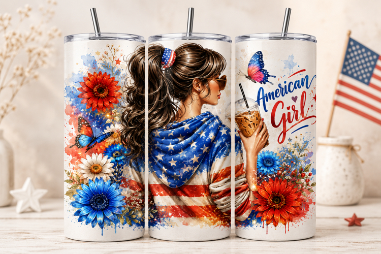 American Girl Flag Tumbler Wrap PNG, Patriotic Woman Floral