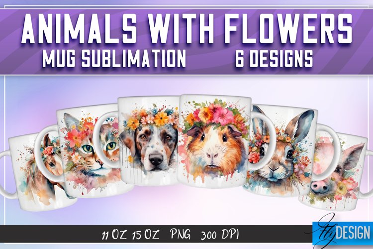 Animals with Flowers Mug Wrap Sublimation Design | PNG v.2