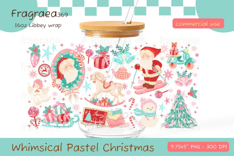 Pastel Christmas Glass Can Wrap PNG, Libbey 16oz Cup wrap