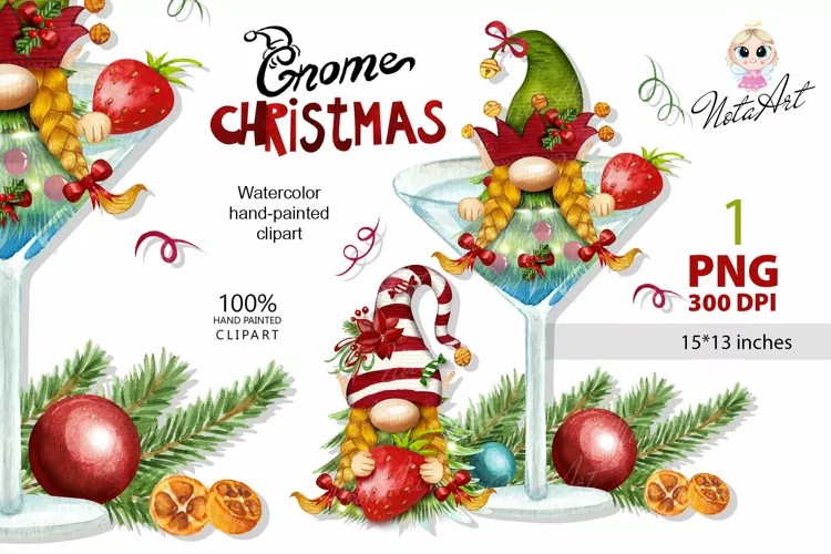 Christmas gnomes with martinis, Christmas trees with martini