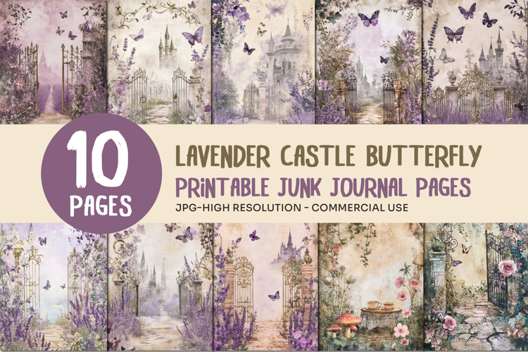Lavender Castle Butterfly Junk Journal Pages