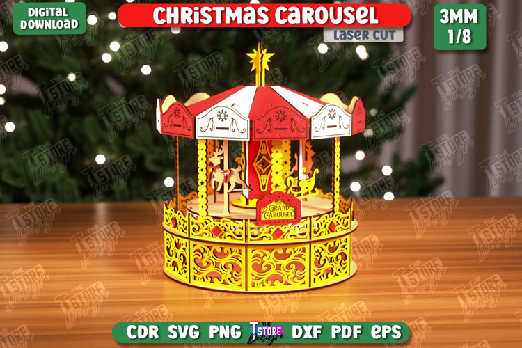 3D Christmas Carousel Laser Cut Design, Christmas Decoration