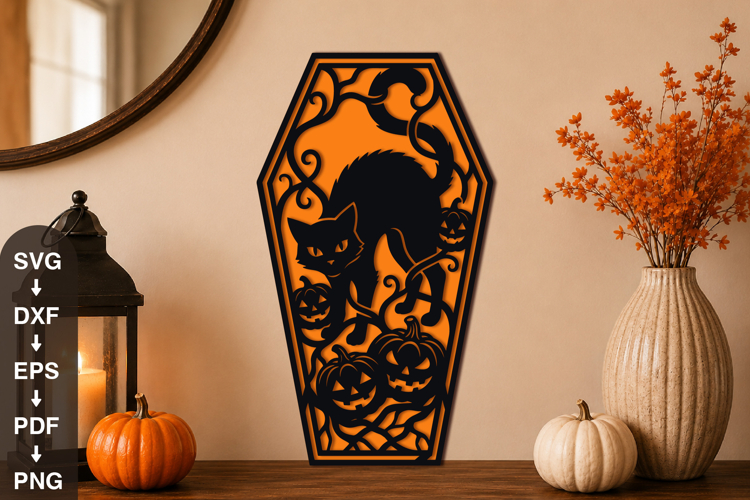 Black Cat Pumpkin Halloween Coffin SVG