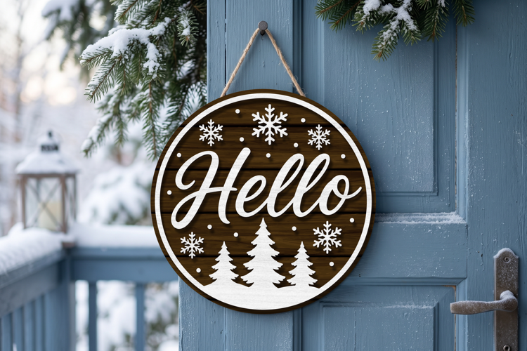 Hello Winter Door Hanger SVG, Layered Snowflake Sign
