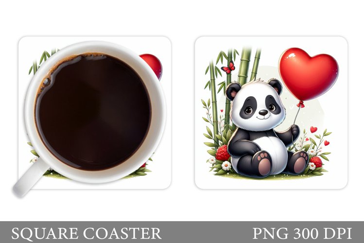 Cute Panda Coaster Sublimation. Valentines Panda Coaster example image 1