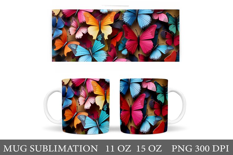 3D Butterfly Mug Wrap. 3D Butterflies Mug Wrap Sublimation