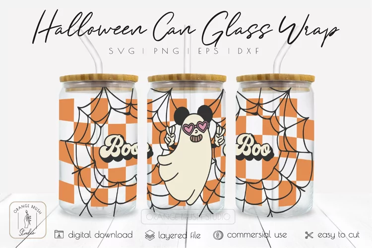 Halloween Libbey Can Glass SVG Wrap Ghost Retro Halloween