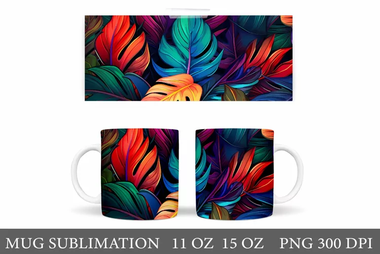 3D Tropical Leaves Mug Sublimation. Leaves Mug Wrap Design