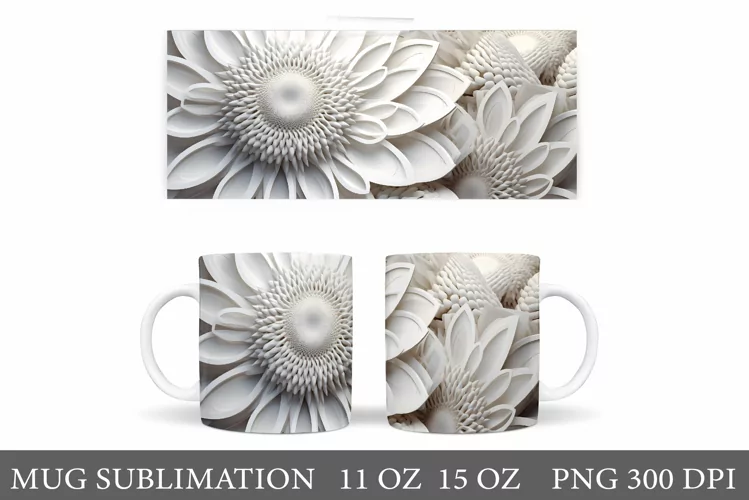 3D White Flowers Mug Wrap. 3D Flowers Mug Wrap Sublimation