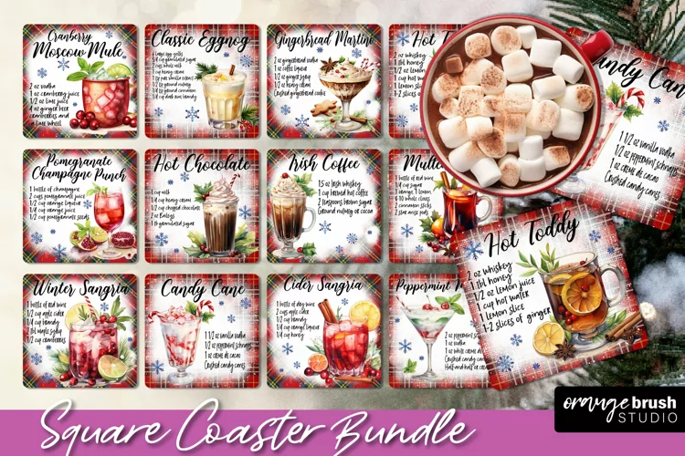 Christmas Cocktail Recipe Square Coaster Sublimation Bundle