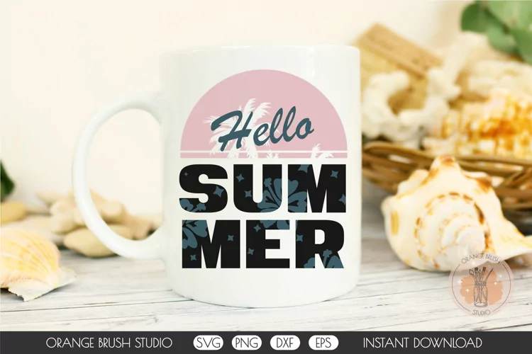 Hello Summer SVG Beach Quote Design Sunset Palm Trees