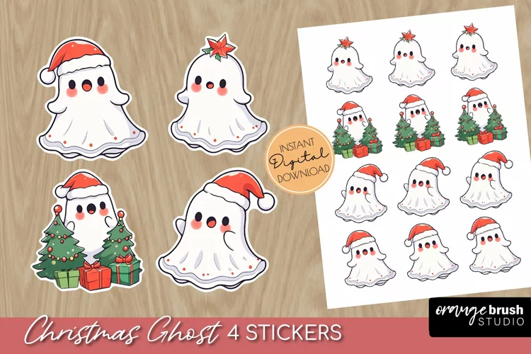 Cute Christmas Ghost Stickers, Printable Sticker Sheet