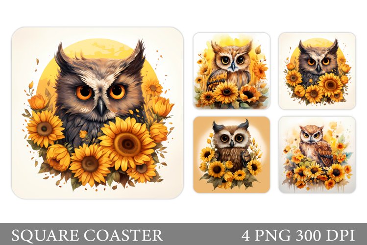 Owl Square Coaster Design. Owl Sunflower Coaster Sublimation
