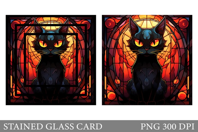 Stained Glass Black Cat Card. Stained Glass Halloween Card example image 1