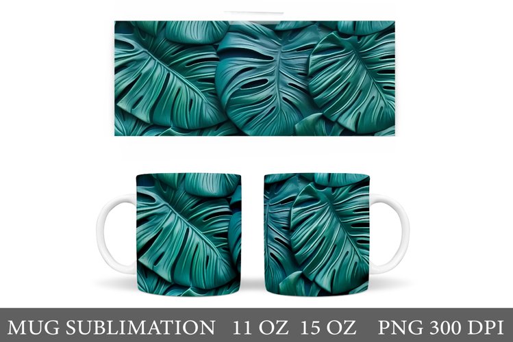 3D Monstera Mug Wrap Design. Tropical Leaves Mug Sublimation example image 1