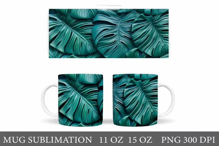 3D Monstera Mug Wrap Design. Tropical Leaves Mug Sublimation
