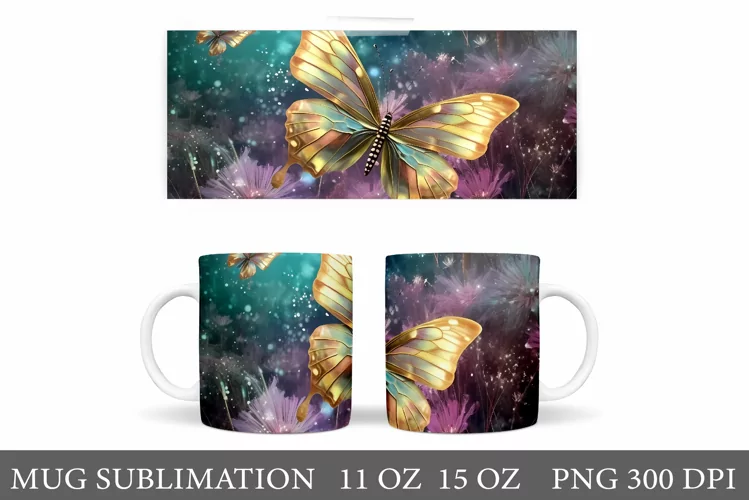 3D Butterfly Mug Wrap Design. Butterfly Mug Wrap Sublimation