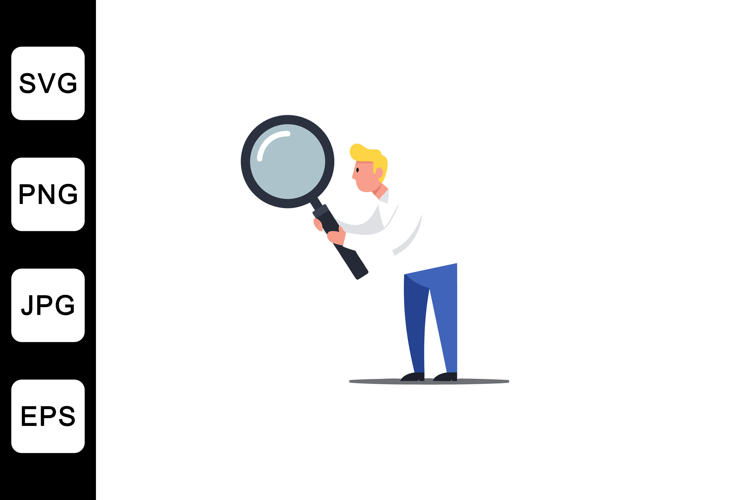 Person holding a magnifying glass in flat style vector art
