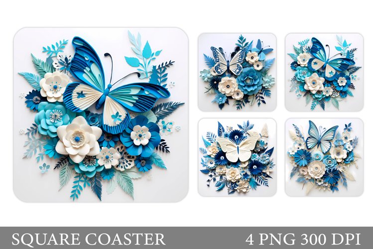 3D Butterflies Square Coaster. Paper Butterflies Coaster