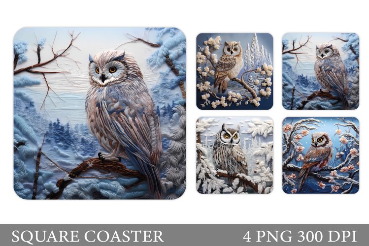 Owl Square Coaster. Owl In Winter Landscape Coaster Design