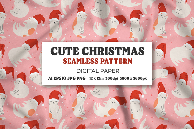 Seamless Christmas Cats Digital Paper, Cute Pattern Design