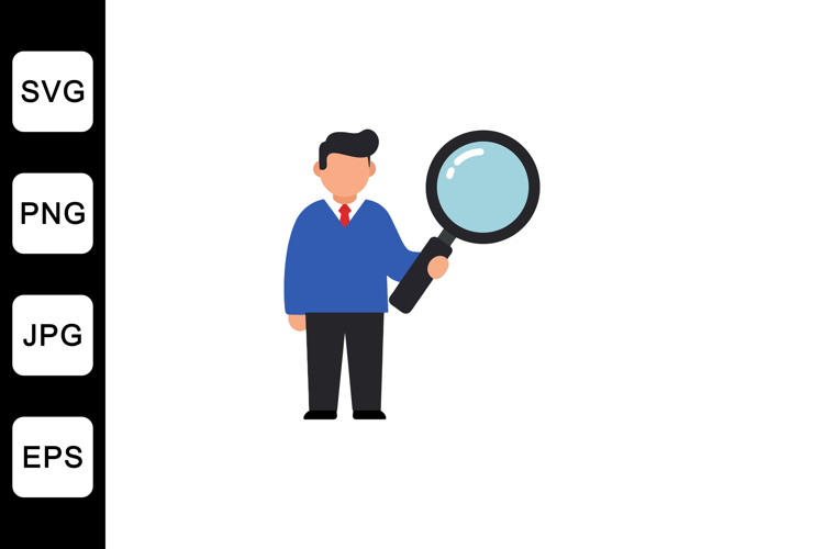 Person holding a magnifying glass in flat design vector art