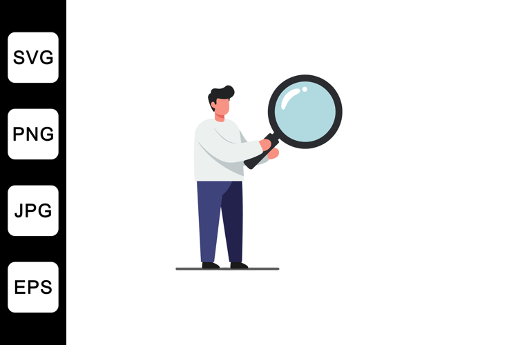 Person holding a magnifying glass in a flat vector art style