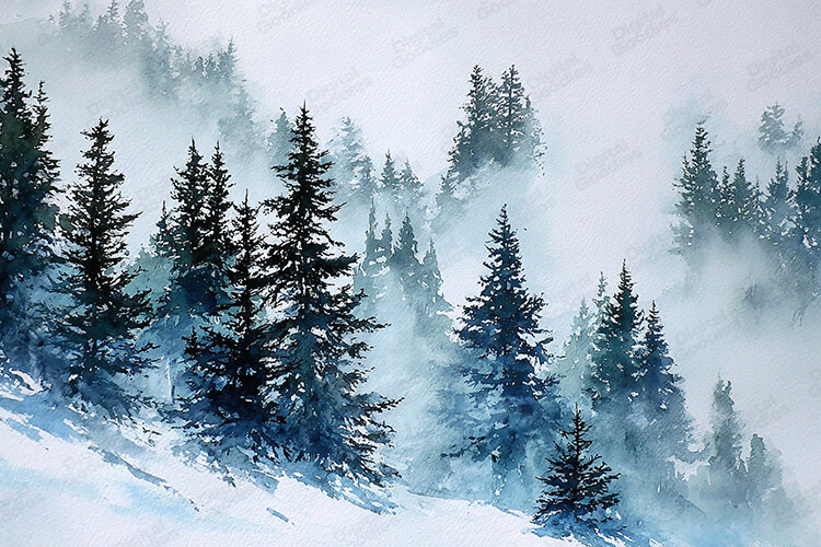 Watercolor Snowy Pine Forest Slope - Winter Landscape Art