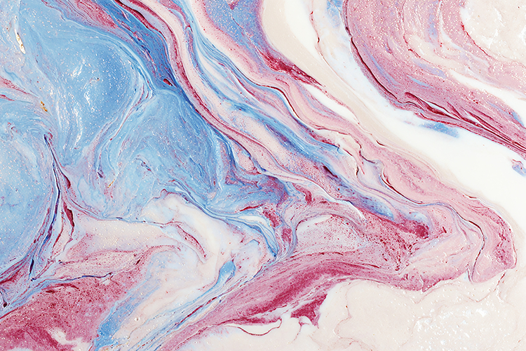 A vibrant painting swirling colors of blue, pink & white