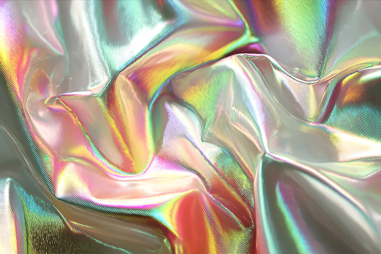 A shiny, iridescent fabric with a holographic effect