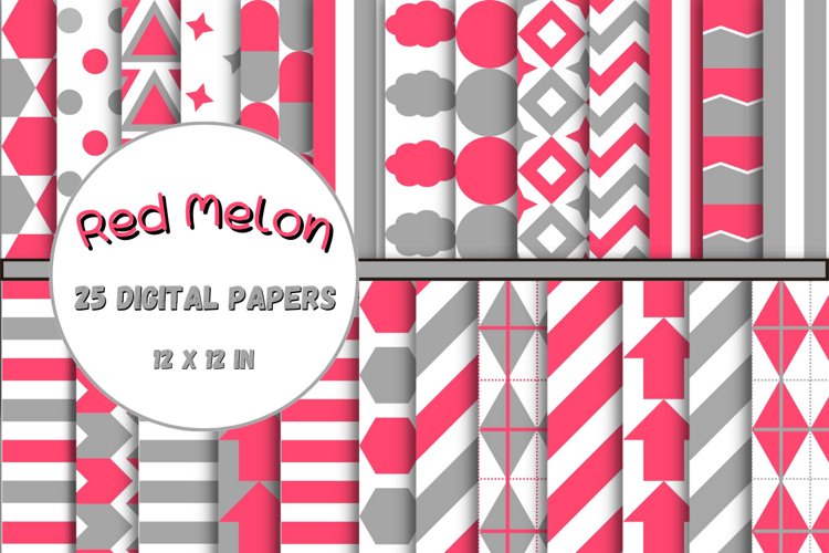 Red Melon, Gray and White Digital Papers example image 1