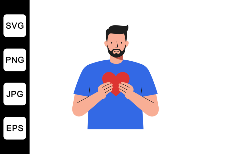 Man holding a red heart in blue shirt flat vector art