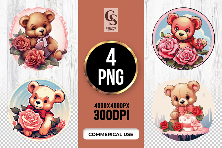 Cute Teddy Bear With Roses Clipart Sublimation PNG