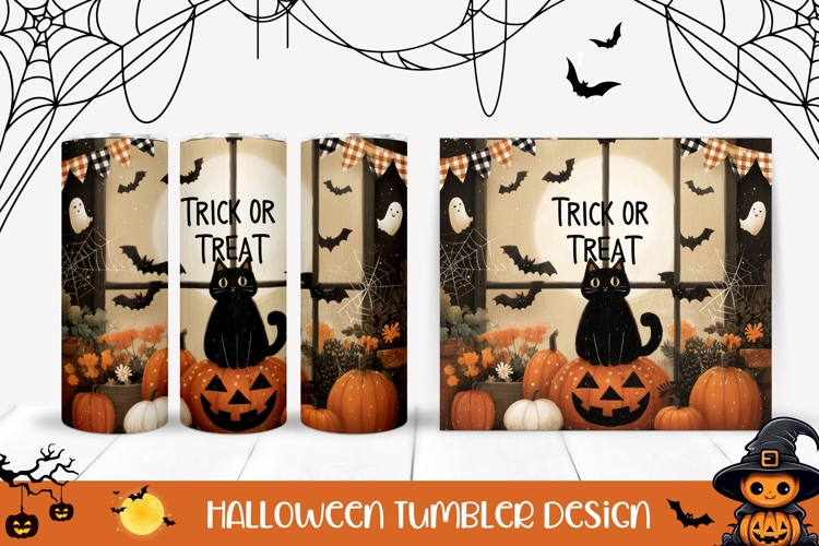 Trick Or Treat Halloween Tumbler, Cartoon Black Cat Tumbler