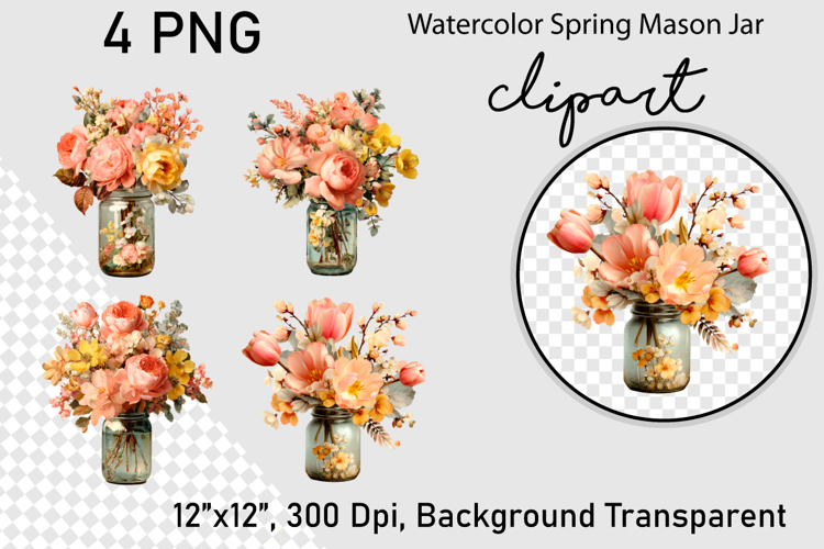 Watercolor Spring Mason Jar Clipart
