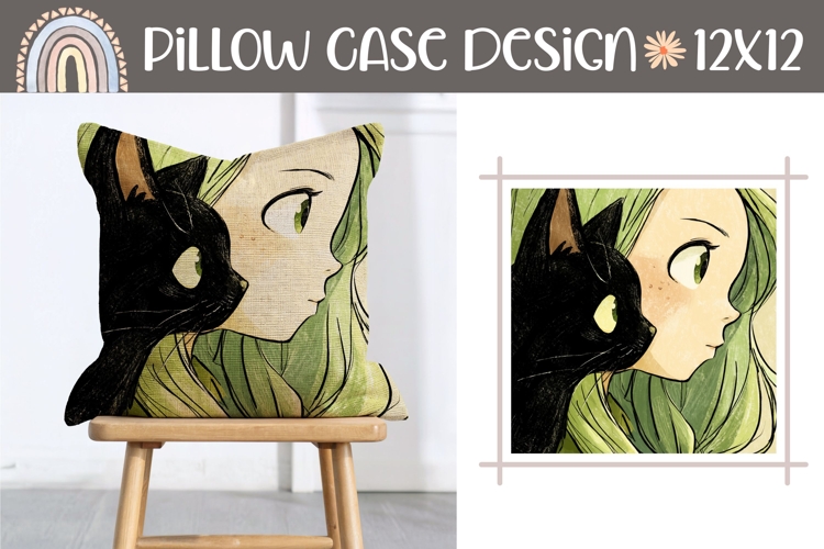 Cartoon Girl Pillow Sublimation, Kawaii Cat Pillow Template