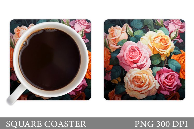 Roses Coaster Sublimation. Square Coaster Flowers Design example image 1