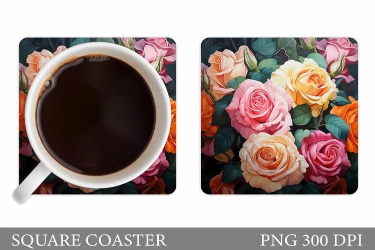 Roses Coaster Sublimation. Square Coaster Flowers Design