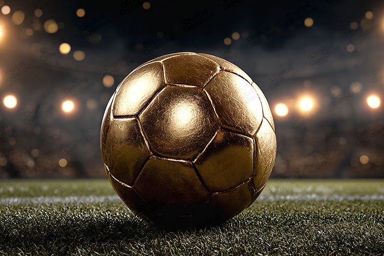 Golden Soccer Ball on Stadium Field Sports Background