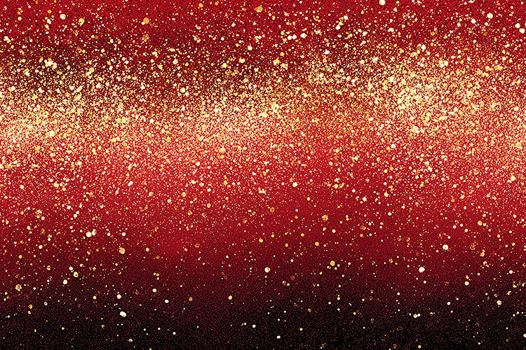 A vibrant red background with gold glitter and sparkles