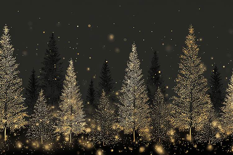 A serene winter landscape with illuminated Christmas trees