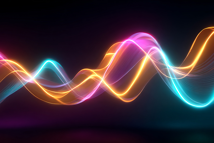 A vibrant & colorful neon light wave against dark background