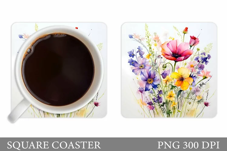 Wildflowers Coaster Design. Square Coaster Flowers Template