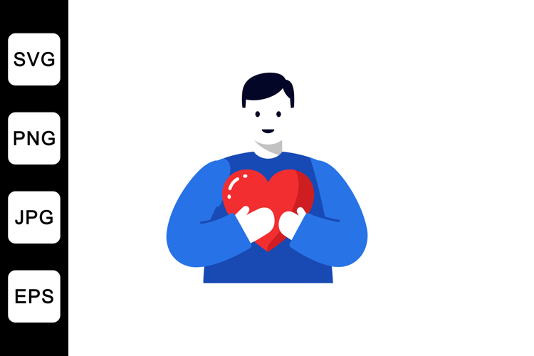 Man holding a red heart symbol in a flat style vector art