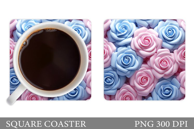 3D Roses Coaster Sublimation. Flowers Square Coaster Design