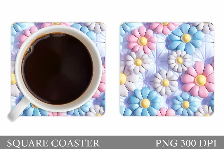 3D Flowers Square Coaster. Daisy Flowers Coaster Design